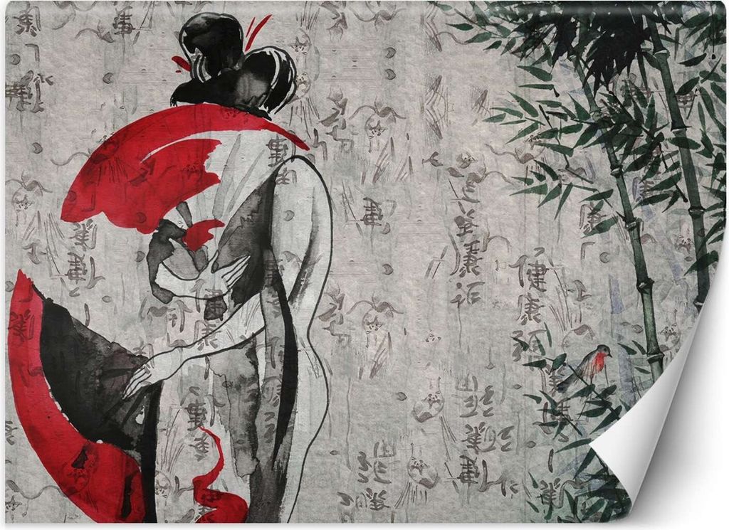 Vlies fototapete Japanische Geisha mit Fächer abstrakt 368x254 cm Feeby Rot inkl. Kleber einfache Montage