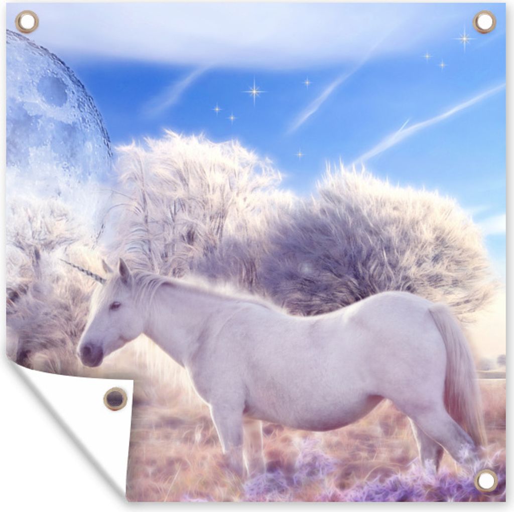 MuchoWow 100x100 cm Outdoor-Poster Gartendeko Sichtschutz Garten Poster für den Garten Zusammengesetzte Fantasiestatue eines Einhorns