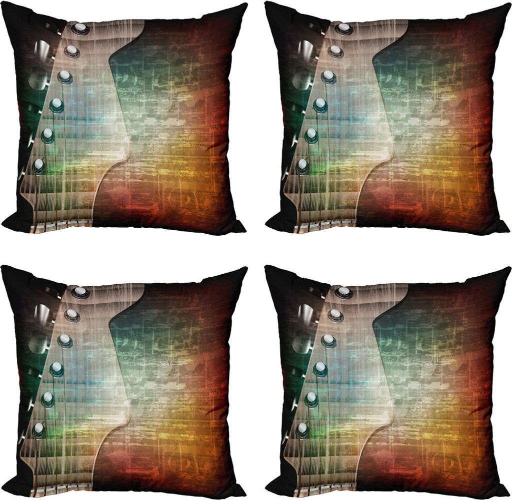 ABAKUHAUS Gitarre Kissenbezug Set (4 Stück), Grunge Retro Tuning Pegs, Moderner Doppelseitiger Digitaldruck, 50 cm x 50 cm, schwarz orange