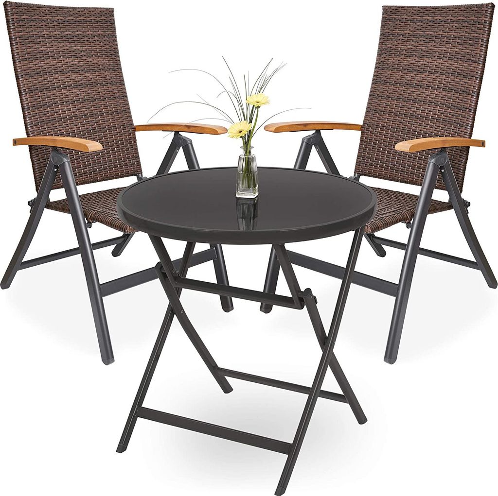 BRUBAKER Garten Sitzgruppe Modena - 1 Glastisch Klapptisch rund 70 cm Ø mit 4 Polyrattan Stühlen - Wetterfest - Braun/Anthrazit