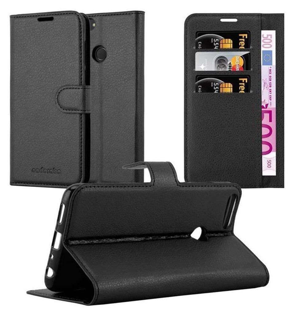 A collage of a black leather phone case for a Huawei P Smart 2018 / Enjoy 7S, showing different angles and features.
