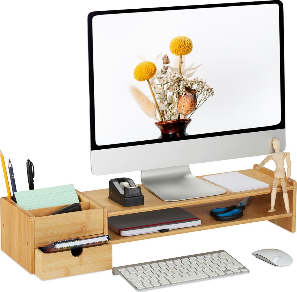 Stojan na monitor Relaxdays, bambus, zásuvka a 5 přihrádek, Obrázek produktu 