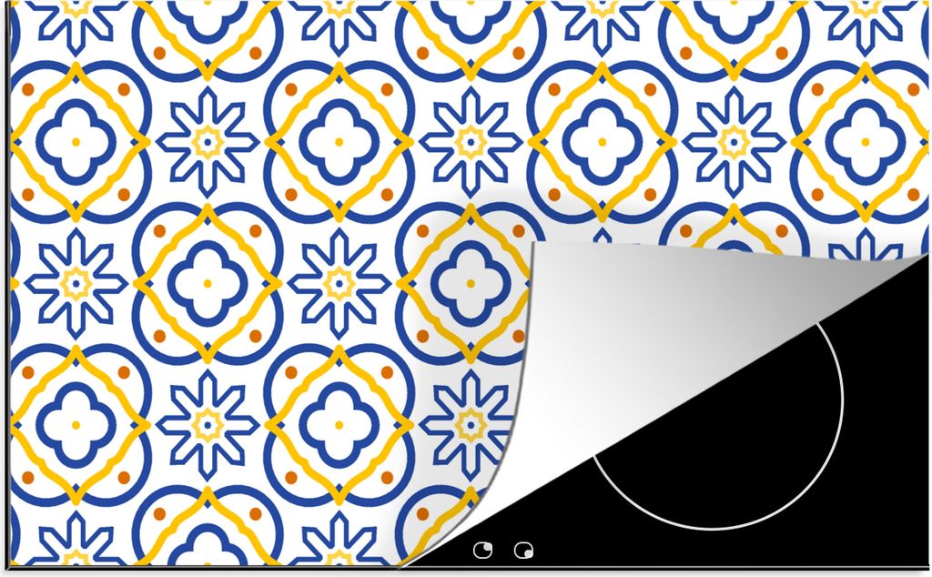 KitchenYeah Herdabdeckplatte Blume - Blau - Gelb - Kacheln - Muster , 89x51cm, Küche Deko, Glaskeramikfeld Herdabdeckung, Abdeckplatte fùr Koch...