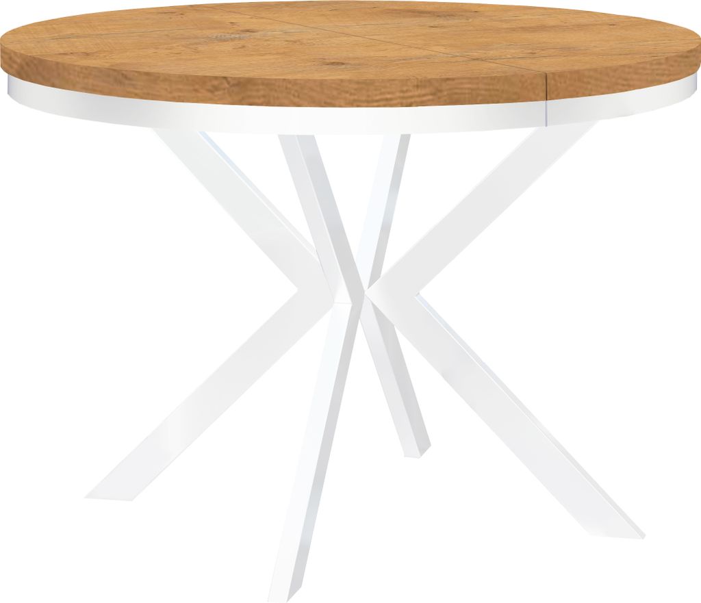 Runder Ausziehbarer Tisch für Esszimmer ENDIK mit Ring-Gestell und Metallbeinen, Durchmesser: 110 / 160 cm, Farbe: Eiche Lancelot / Weiß