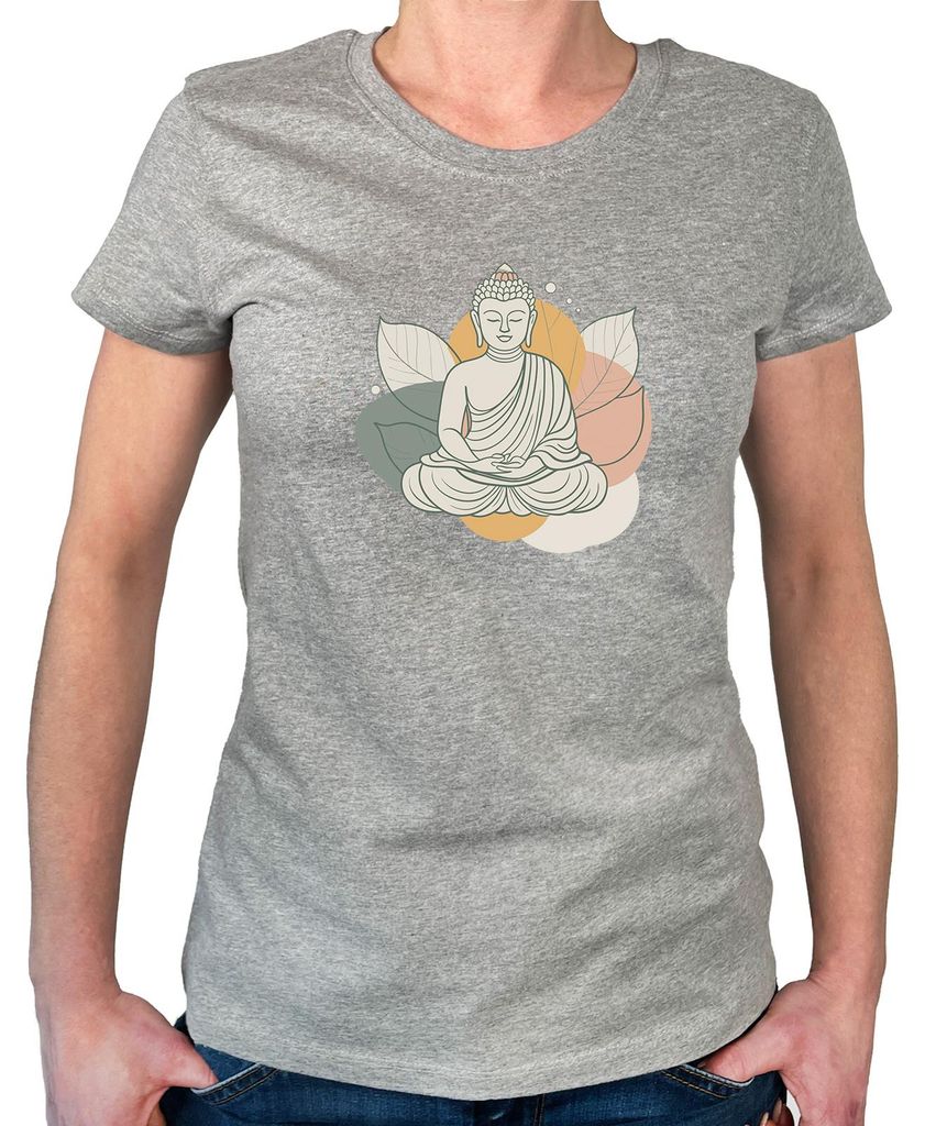 Huuraa Damen T-Shirt Buddha Buddhismus XS Sport Grey Bio Baumwolle Fairtrade Damenshirt Geschenkidee