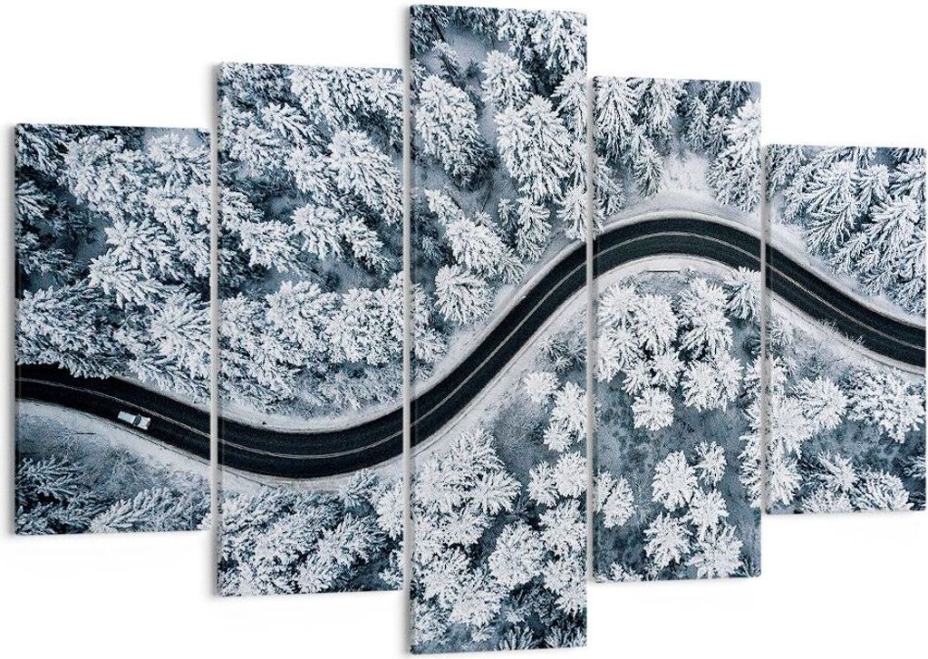 Bild auf Leinwand - Leinwandbild - 5 Teile - Wald Winter Straße - 150x100cm - Wand Bild - Wanddeko - Wandbilder - Leinwanddruck - Bilder - Wanddek...