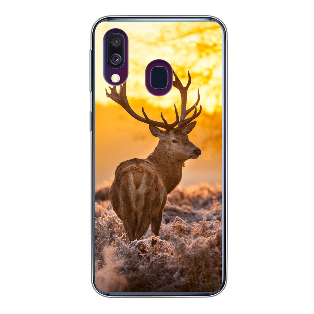 MuchoWow Handyhülle Schutzhülle Hülle für Samsung Galaxy A40 Hirsche - Tiere - Sonnenuntergang - Winter - Heidekraut - Natur Silikon Softcase...