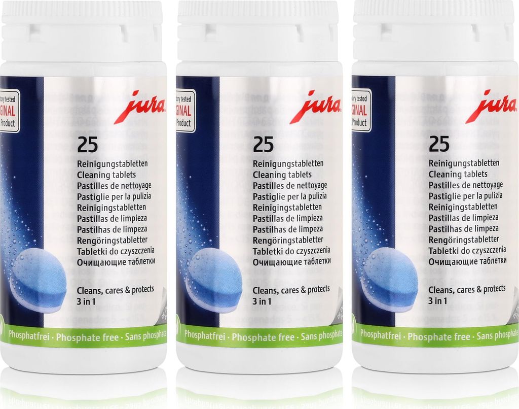 Three white bottles of Jura cleaning tablets are shown against a white background.