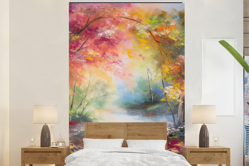 MuchoWow Fototapete für Wohnzimmer oder Schlafzimmer Wandtapete Vinyl Motivtapete Landschaft - Ölgemälde - Farbenfroh - Natur - 225x350 cm - S...