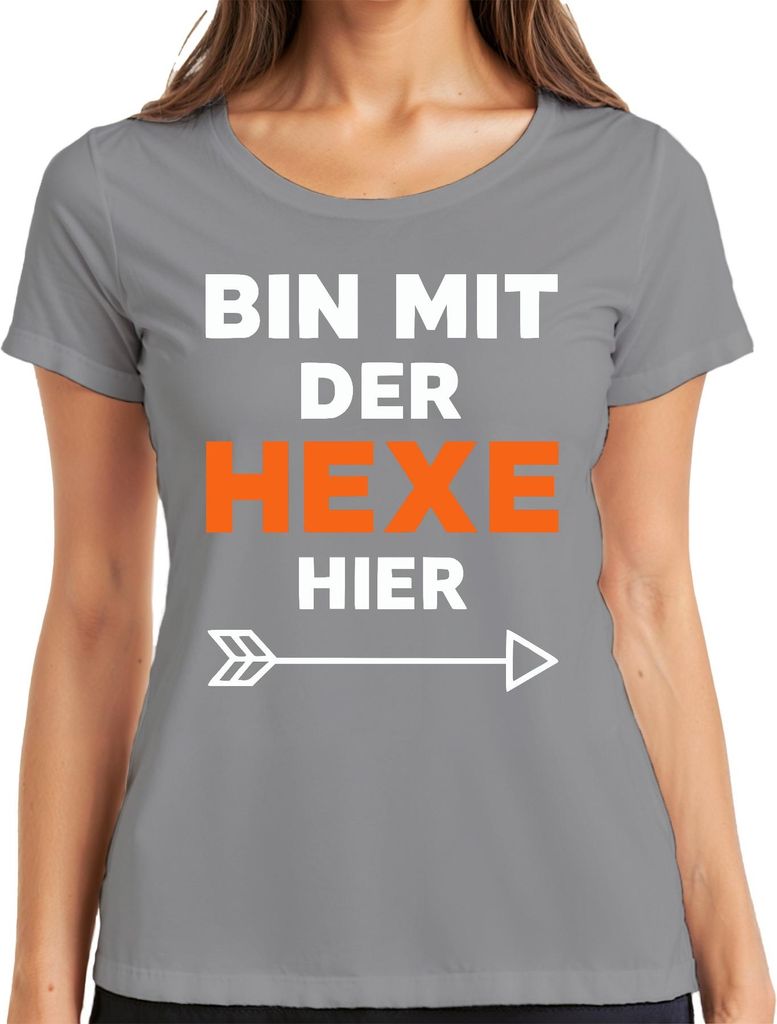 Bin mit der Hexe Halloween Pärchen Kostüm Geschenk Fasching Party Damen T-Shirt, Grau, 3XL