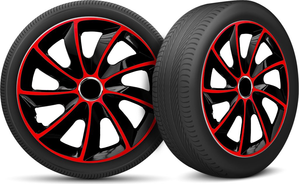 Auto Radkappen Radzierblenden 4er Set passend für alle Stahlfelgen - einstellbarer Sicherungsring - 14 Zoll - Schwarz Rot