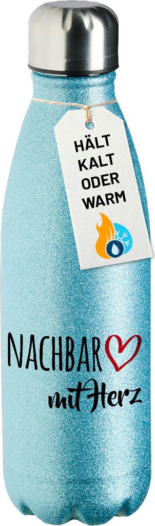 Huuraa Trinkflasche Nachbar mit Herz 500ml Blue Edelstahl Wasserflasche Trinkflasche Geschenkidee