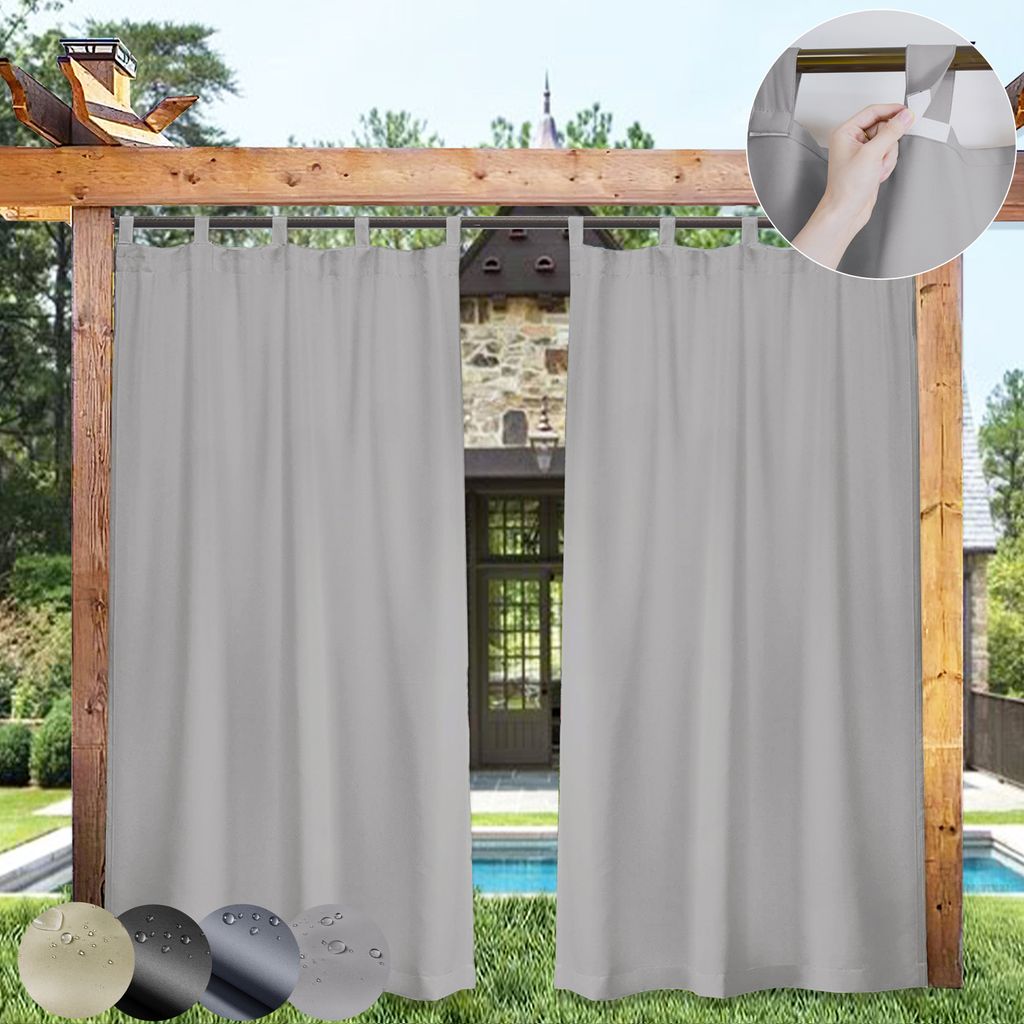 Outdoor Vorhang Wasserdicht 2er Set, Blickdichter Gardinen Schlaufenschal Sonnenschutz für Balkon Terrasse Garten (Hellgrau,132x213cm)