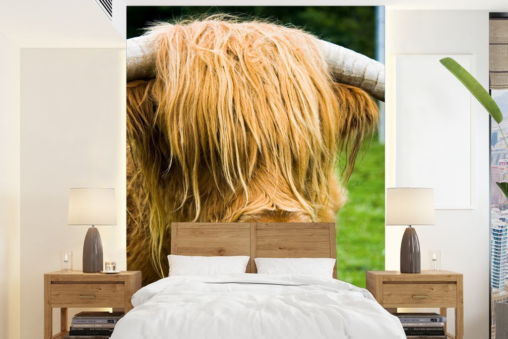 MuchoWow Fototapete für Wohnzimmer oder Schlafzimmer Wandtapete Vinyl Motivtapete Schottischer Highlander - Kuhfell - Porträt - 205x280 cm - Wa...