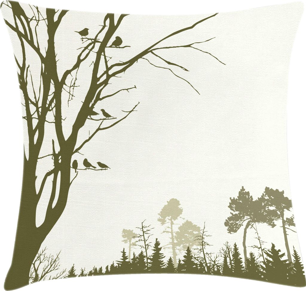 ABAKUHAUS Wald Kissenbezug, Natur-Thema Das Panorama eines Waldmuster-Vogels auf Baumast-Druck, 50 x 50 cm, Olivengrün Creme