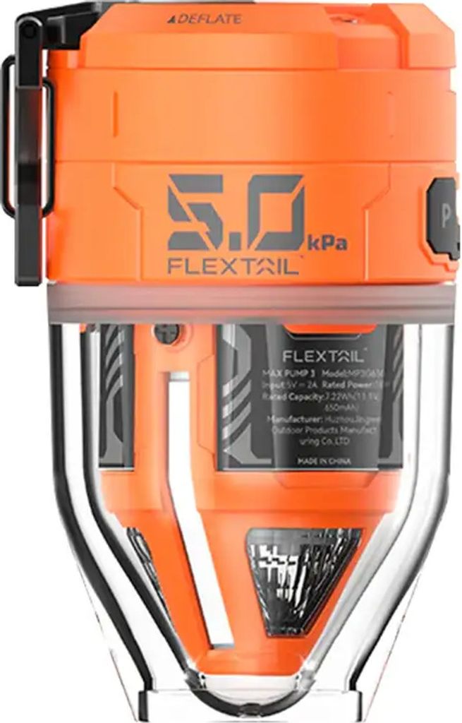 A close-up studio shot of an orange and clear electric air pump.