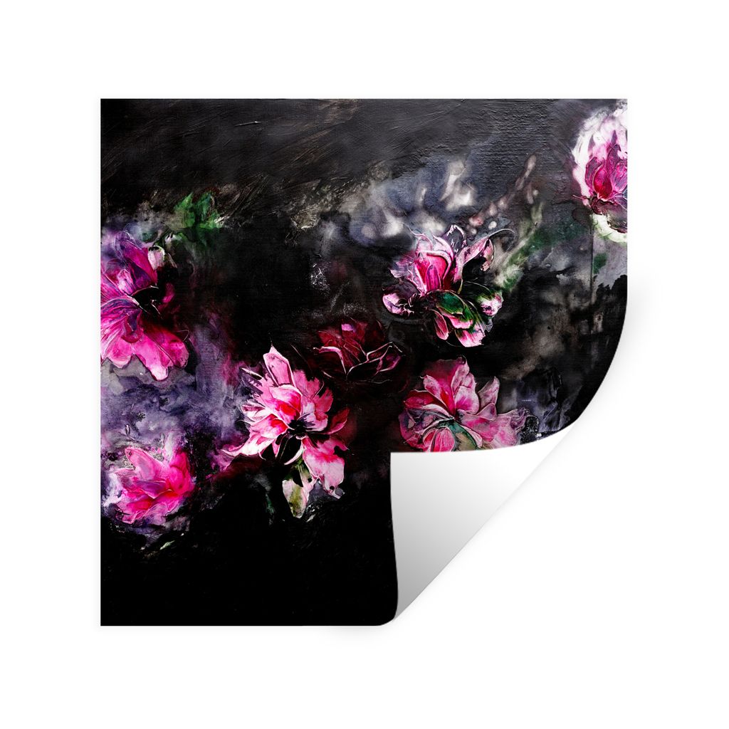 MuchoWow Wandtattoo Wandsticker Wandaufkleber Blumen - Kunst - Farbe - Rosa - Schwarz 50x50 cm Selbstklebend und Repositionierbar - Selbstklebend...