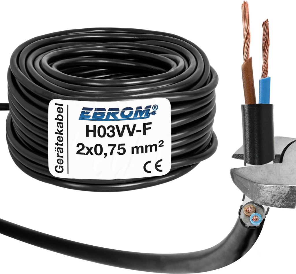EBROM - 45 Meter Kunststoff Schlauchleitung rund LED Kabel Leitung Gerätekabel H03VV-F 2x0,75 mm2 - Farbe: SCHWARZ