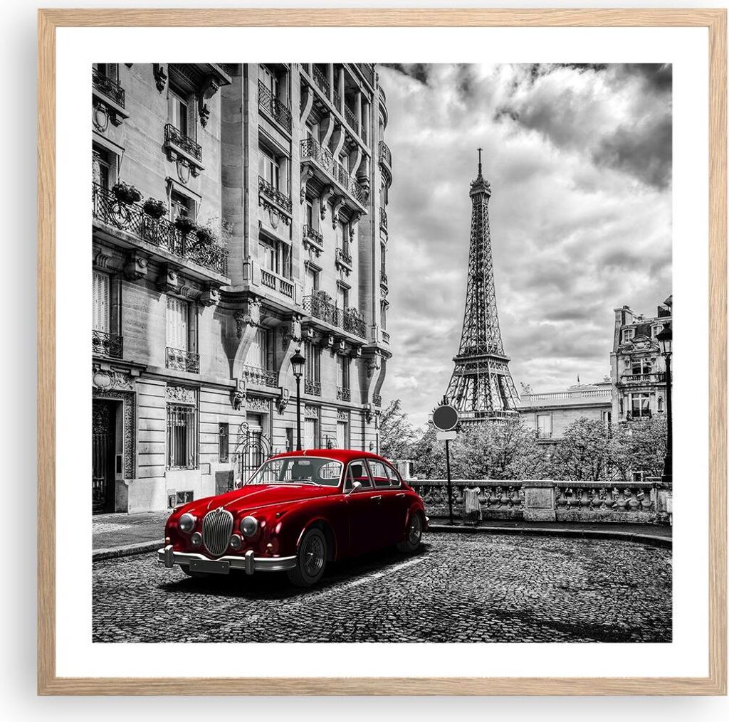 Gerahmtes Poster - Rahmen in heller Eiche - Auto Eiffle Straße Gebäude - 60x60 cm - Wand Bild - Wanddeko - Wandbilder - Wandposter - Bilderrahmen...
