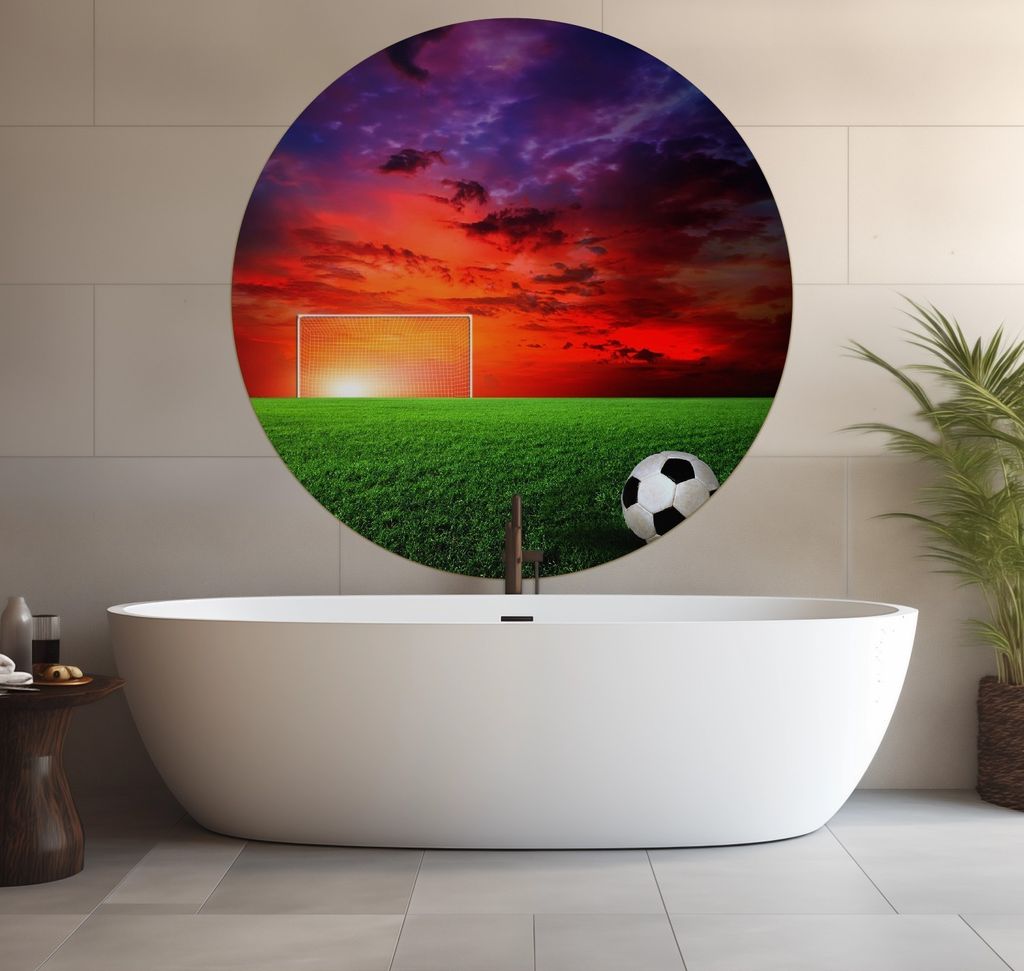 Wallario wasserfestes Poster selbstklebend 120 x 120 cm, Fußball - Fußballfeld bei Sonnenuntergang, Badezimmerposter Spritzschutz mit Hochglanzob...