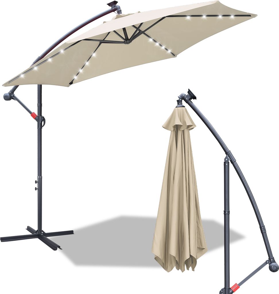 Aopunly Sonnenschirm Ampelschirm 350 cm mit LED, UV-Schutz, Kurbel -Beige