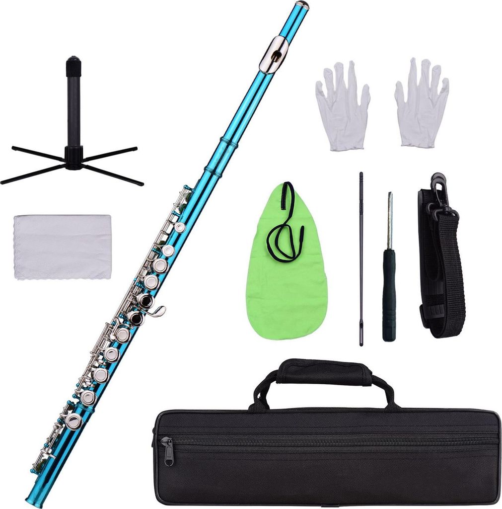 C-Flöte mit geschlossenem Loch, 16 Tasten, Kupfernickel, vernickeltes Blasinstrument mit Tragetasche, Ständer, Handschuhe, Reinigungstuch, Mini-S...