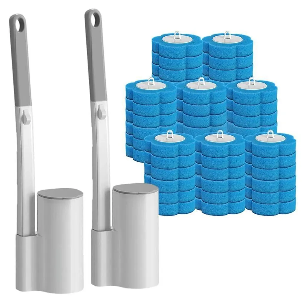 Brosse de toilettes avec 48 recharges éponges : nettoyage 360° bleu ciel