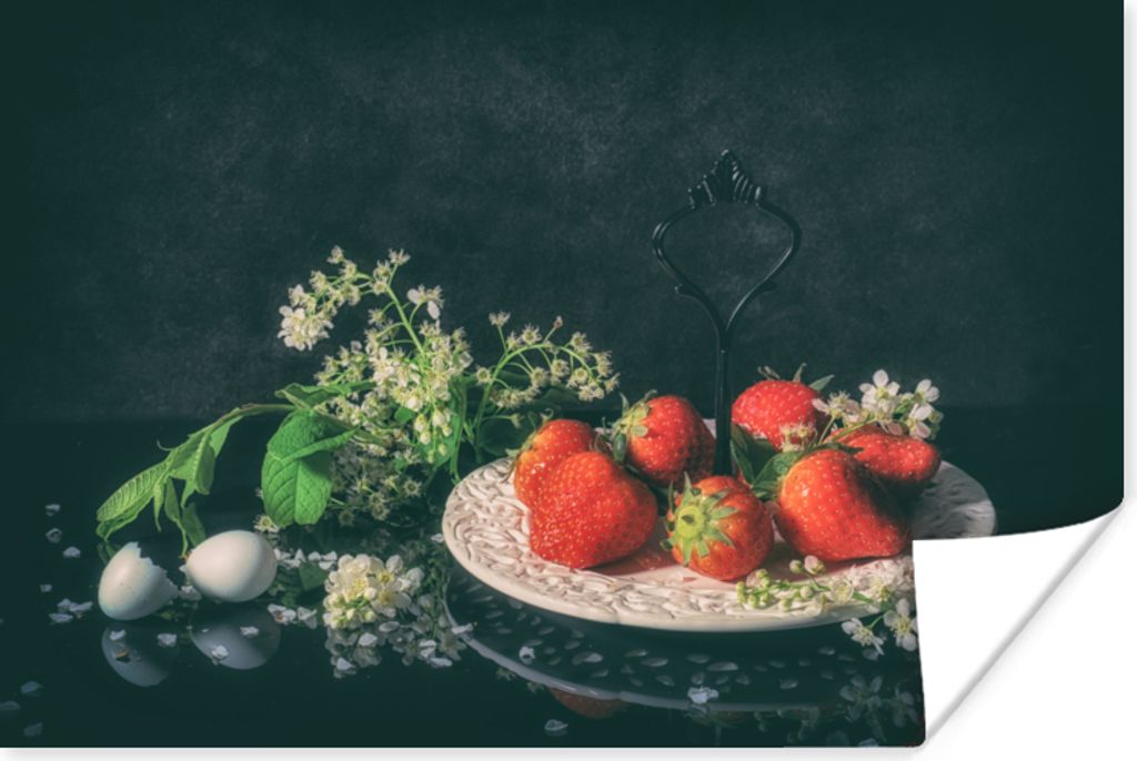 MuchoWow Poster Erdbeeren - Malerei - Stillleben - Blumen - Ei - Teller 30x20 cm - Plakate - Print