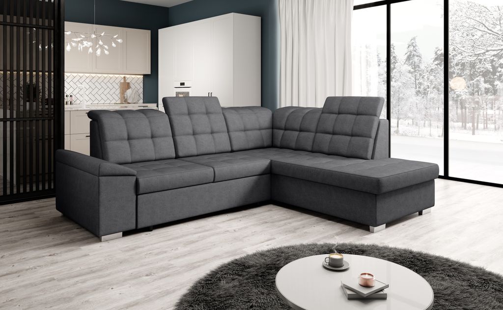 Ecksofa L-form OLIVIA L Farbe Dunkelgrau Cloud 97 Ecke mit Schlaffunktion verstellbare Kopfstützen Bettkasten Wohnlandschaft Ecksofa