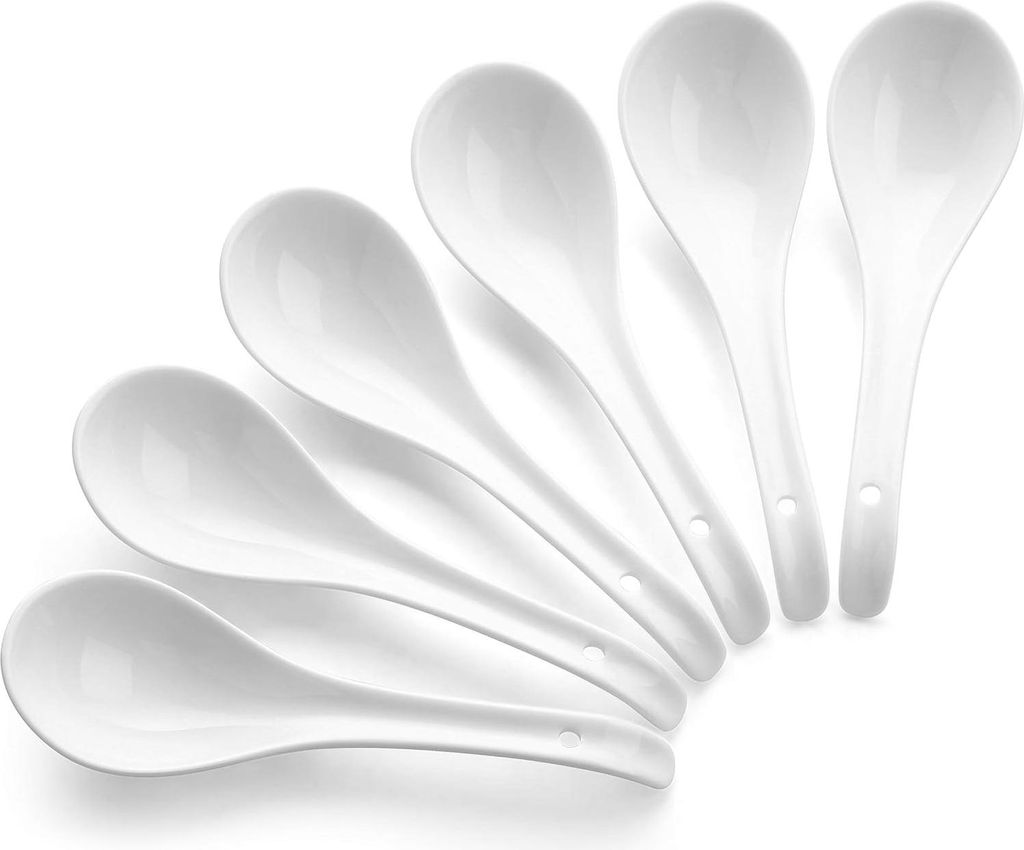 Keramische Asiatische Suppenlöffel - Weiße Japanische Löffel Groß für Ramen Pho Wonton Dumpling Miso - Set von 6