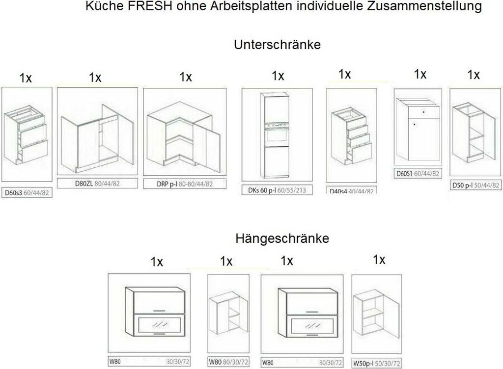 Küche FRESH WEISS Hochglanz ohne Arbeitsplatten individuelle Zusammenstellung