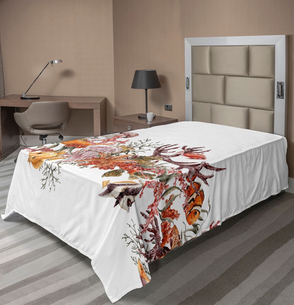 ABAKUHAUS Meerestiere Bettlaken, Fisch Meerespflanze Starfish Koralle Quallen Seeleben Sommerzeit Illustration, weiches bequemes oberes Bettlaken f...