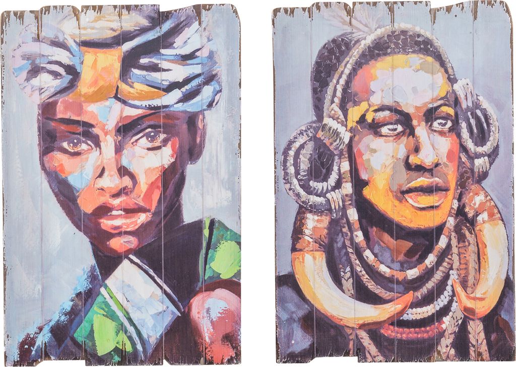 2x Bild Wandtafel Holzbild Wandbild Massai Person Afrika Holz Antik-Stil 90cm