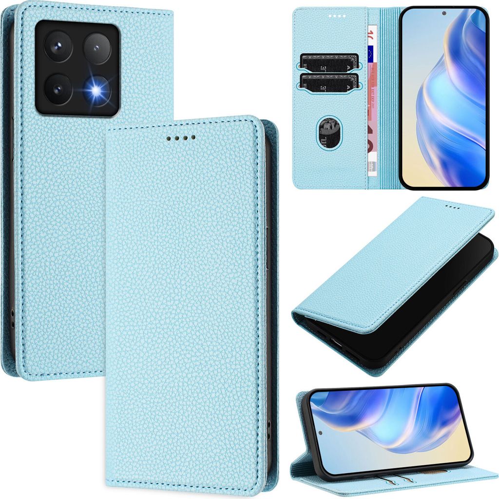 Litchi Leder Handyhülle für Xiaomi 14T Wallet Kartenfächer Standfunktion Hülle Hellblau