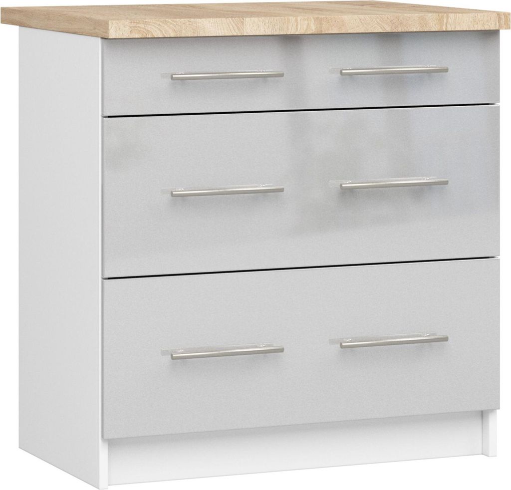 Küchenunterschrank – Unterschrank S80 3S mit 3 Schubladen – OLIWIA – Metallic Hochglanz – Stilvoller Stauraum für jede Küche mit Arbeits...