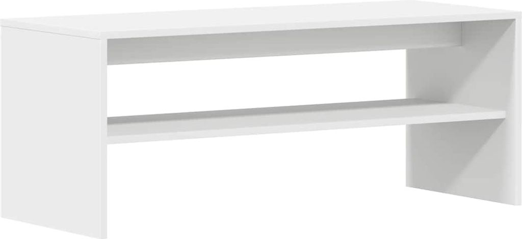 A white TV stand with two shelves against a white background.