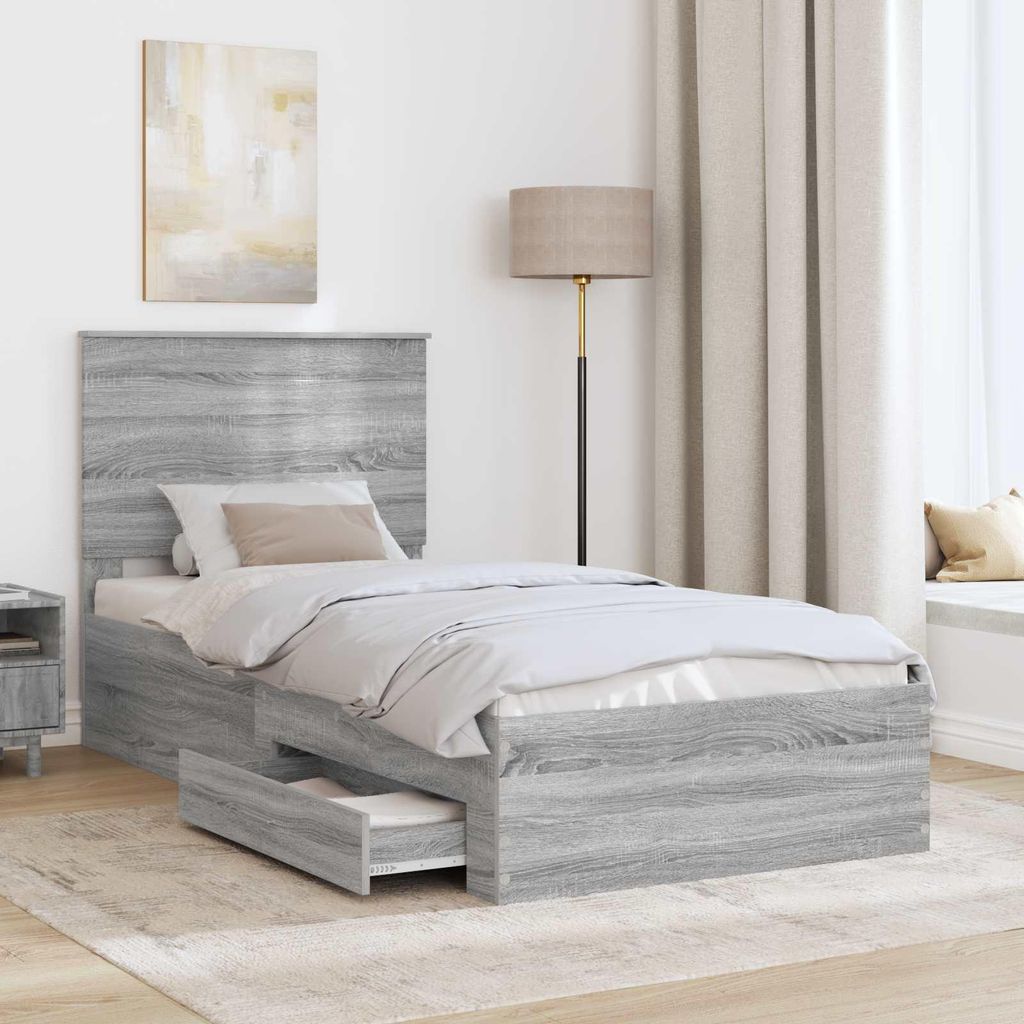 (Robust Möbel) Bettrahmen mit Kopfteil Graues Sonoma 90 x 200cm Holzwerkstoff - CL456369 - Klassische BettenJugendbett Tagesbett