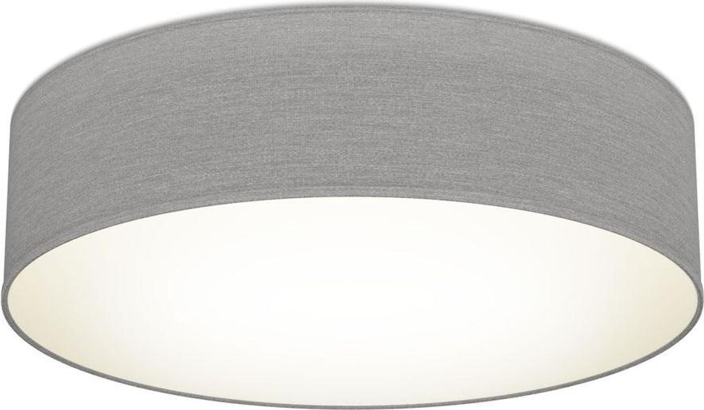 A ceiling light with a gray fabric shade and a white diffuser.