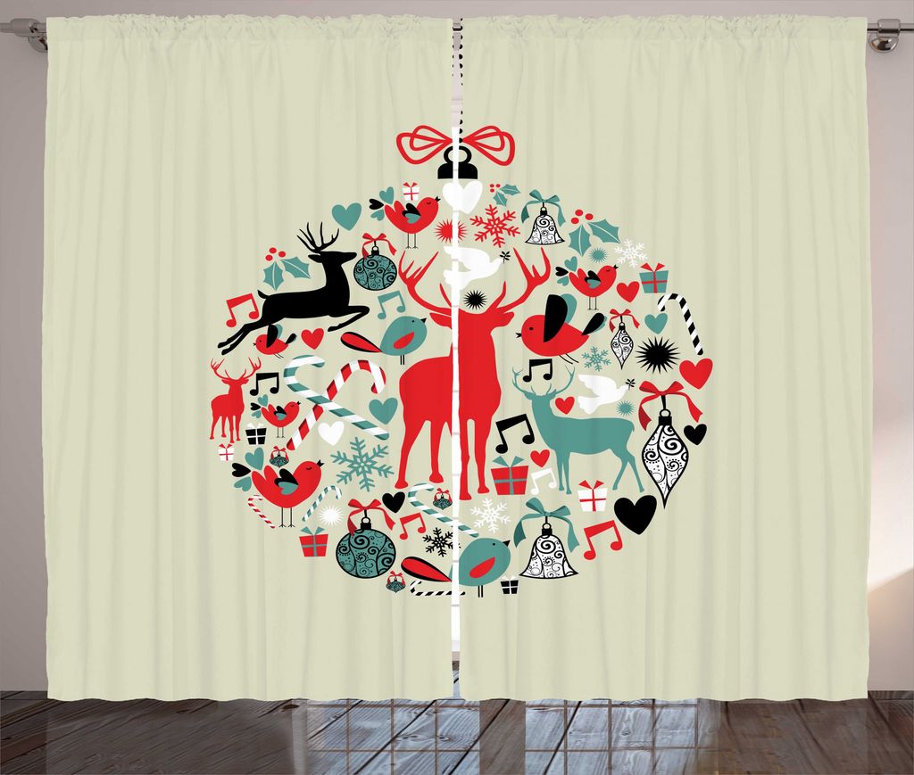 ABAKUHAUS Weihnachten Rustikaler Gardine, traditionelle Motiv, Schlafzimmer Kräuselband Vorhang mit Schlaufen und Haken, 280 x 175 cm, Beige und Rot