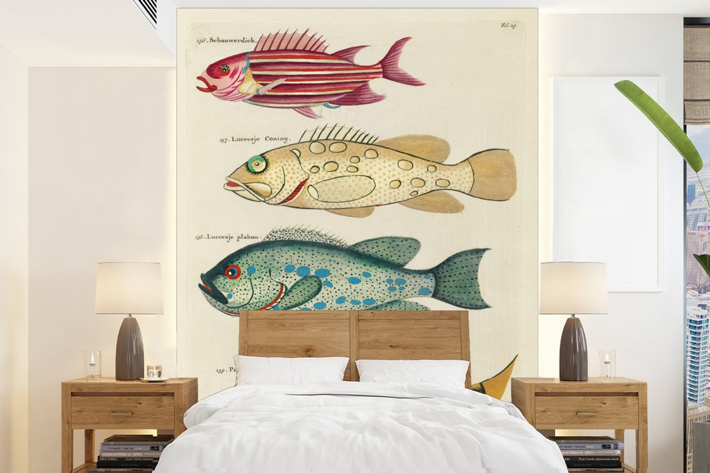 MuchoWow Fototapete für Wohnzimmer oder Schlafzimmer Wandtapete Vinyl Motivtapete Fisch - Kunst - Vintage - 190x260 cm - Papiertapete