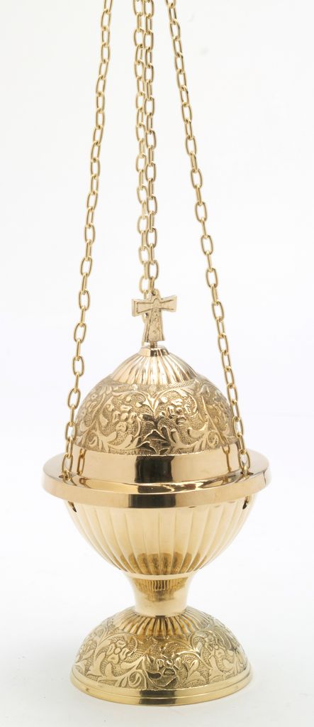 Weihrauchfass mit Kette zum Hängen aus Messing Gold poliert Höhe 24 cm mit Innenschale aus Stahl für die Räucherkohle