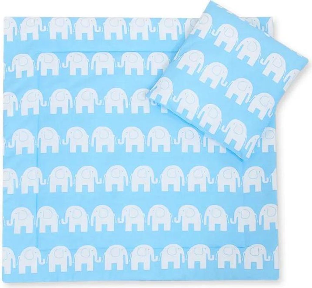 Bettwäsche Set für Säuglinge mit Decke und Kissen - Blaue Elefanten, 100% e Baumwolle, , handgenäht in S