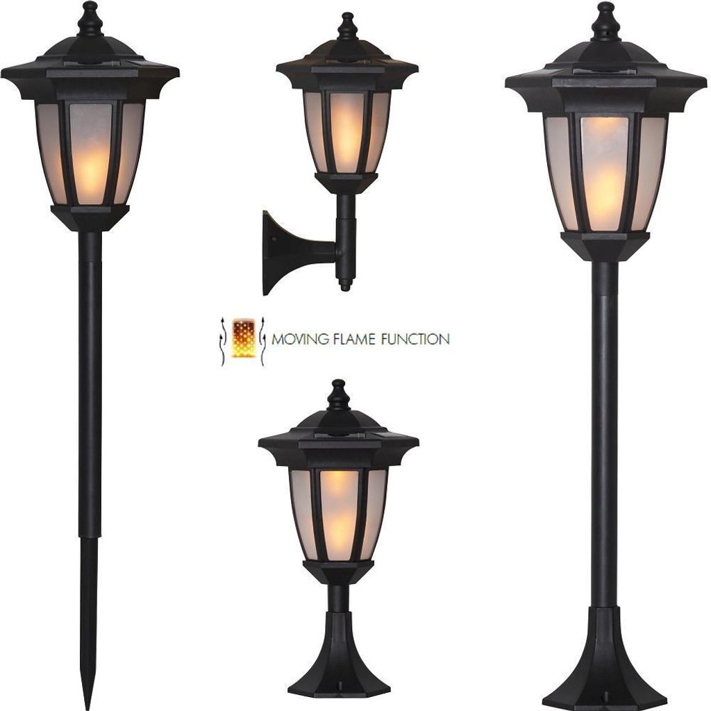 A collection of black outdoor lamps with a flame effect.
