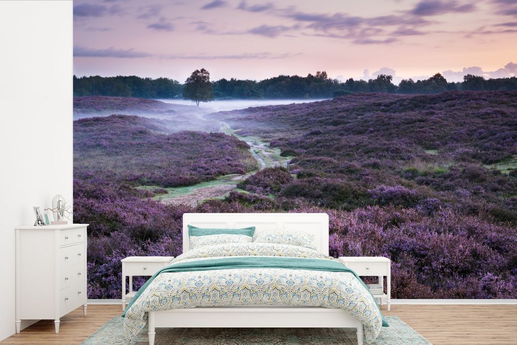 MuchoWow Fototapete für Wohnzimmer oder Schlafzimmer Wandtapete Vinyl Motivtapete Nebel im Heidekraut - 330x220 cm - Fototapeten