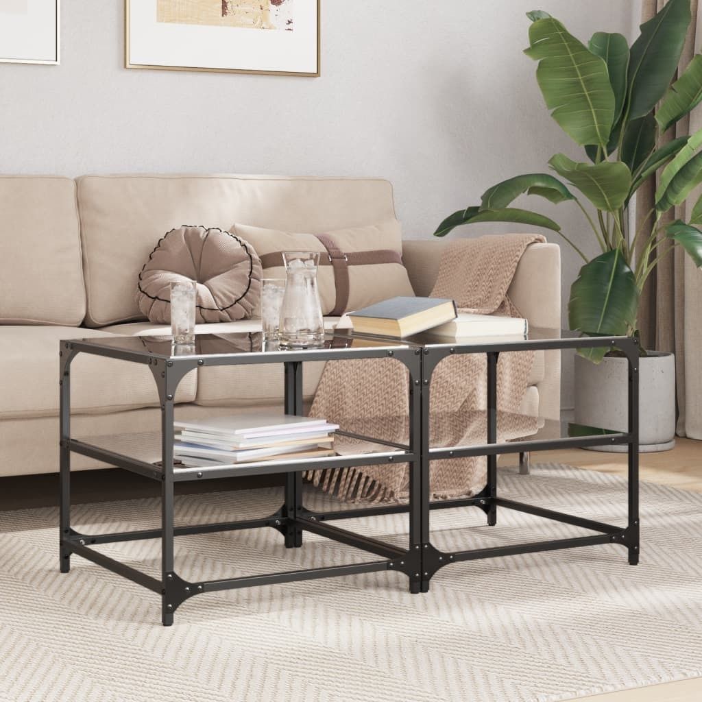 "Rabatt" Couchtische mit Glasplatten 2 Stk. - Wohnzimmertisch-set - Schwarz 50x50x45 cm Stahl - Kaffeetisch CC23242