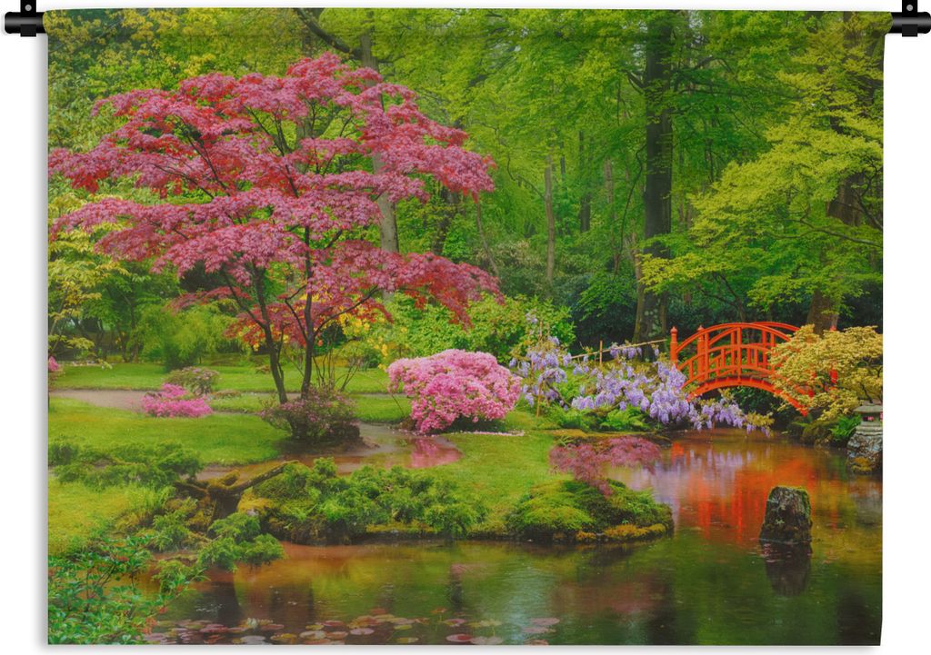 MuchoWow Wandteppich Wandbehang Brücke - Japanisch - Botanisch - Bäume - Blumen 150x112.50 cm Tapisserie Dekoration Wandtuch - Wanddecke - Wand...