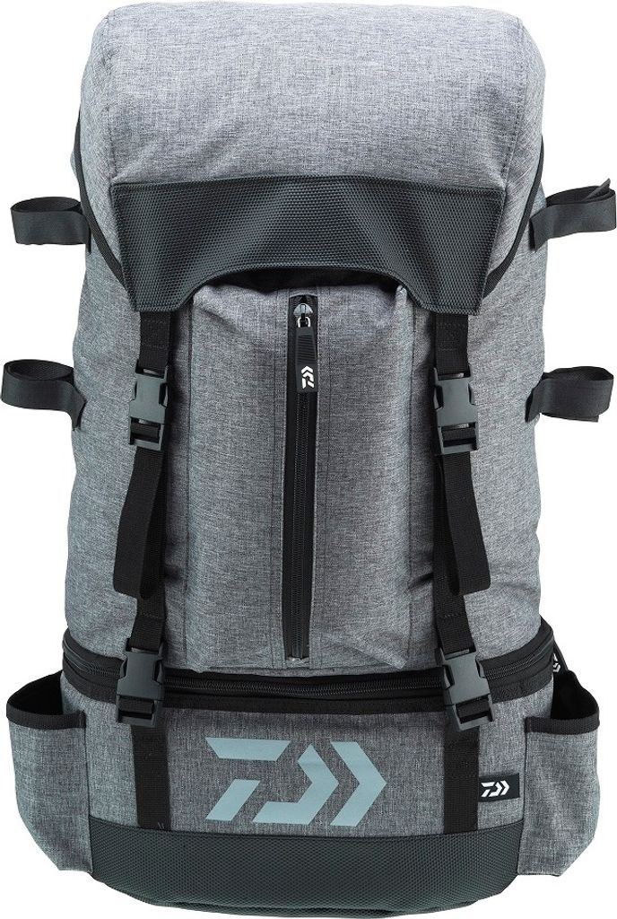 A gray backpack with black accents and straps, shown from the front against a white background.