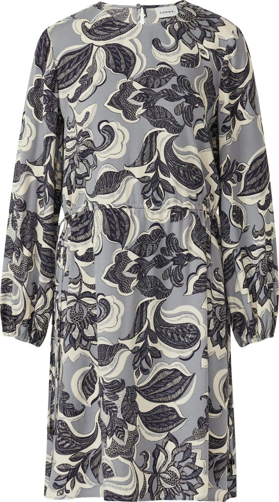 comma Damen Viskose Kleid Langarm mit Gummibündchen Rundhalsausschnitt Allover-Print