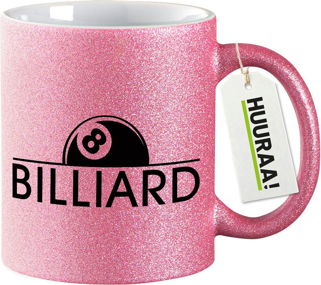 Huuraa Glitzertasse Billard Snooker 330ml Pink Keramik Kaffeebecher Geschenkidee