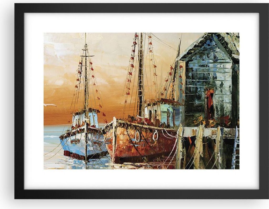 Gerahmtes Poster - Schwarzer Rahmen - Kutter Hafen Öl - 40x30 cm - Wand Bild - Wanddeko - Wandbilder - Kunstposter - Wandposter - Bilderrahmen - B...